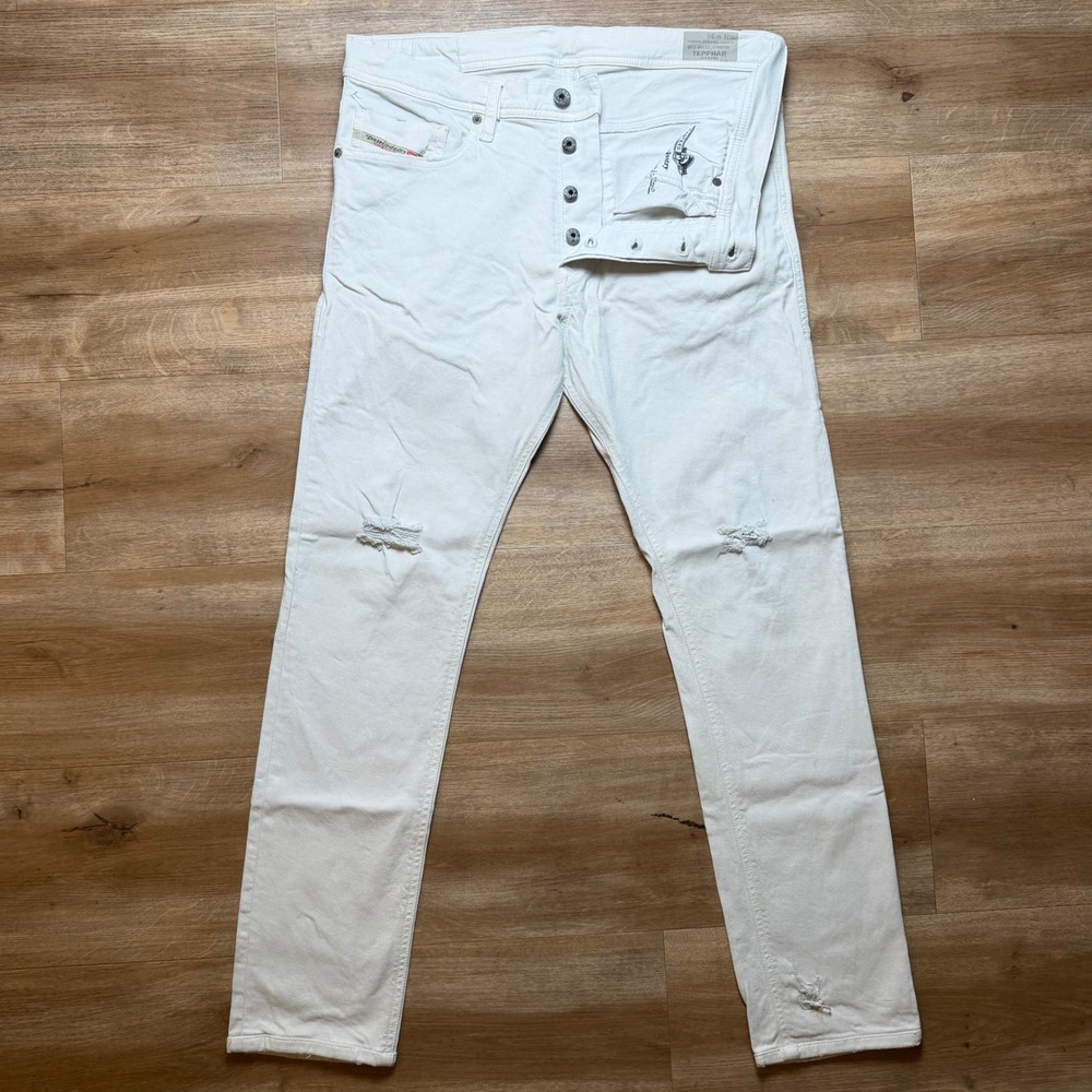 Diesel Tepphar Jeans Mens W30 White Distressed Slim Carrot Stretch Denim 0111D